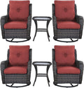 Rilyson Wicker Rocking Chair Swivel Chairs – 6 Piece Rocker Patio Furniture Set Rattan Rocking Bistro Sets with Glass Top Side Table for Outdoor Porch Deck Garden Backyard(Brown/Red)