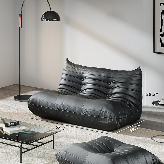 Comfy Lazy Floor Sofa Couch,Soft Armless Chair,Faux Leather Lounge Chair,Corner Relax Sofa Couch for Living Room Bedroom,Salon Office,Adults(Black+2 Seat)