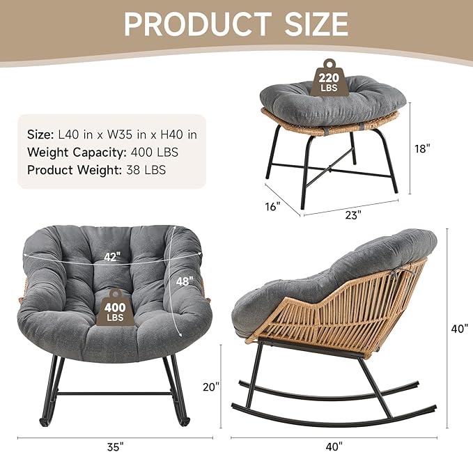 ONBRILL Papasan Rocking Chair with Ottoman,Oversized Papasan Chair with Padded Cushion, Indoor & Outdoor Rocker Chair for Living Room, Patio, Garden, Gray