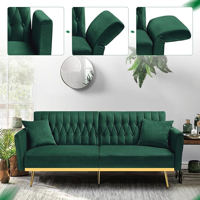 ACMEASE 70” Velvet Futon Sofa Bed w/Adjustable Backrests and Armrests, Convertible Futon Couch with 2 Pillows, Modern Tufted Sleeper Bed for Living Room, Bedroom,Green