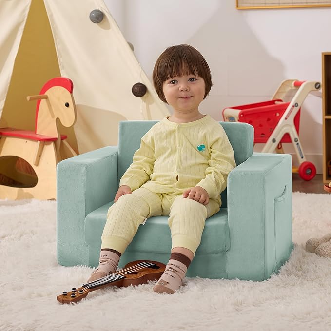 Kids Couch, 2-in-1 Toddler Chair Comfy 1-3 Years, Convertible Kids Chair, Toddler Couch That Fold Out, Kid Lounge Chairs for Boys and Girls, Soft Coral Fleece, Single, Teal