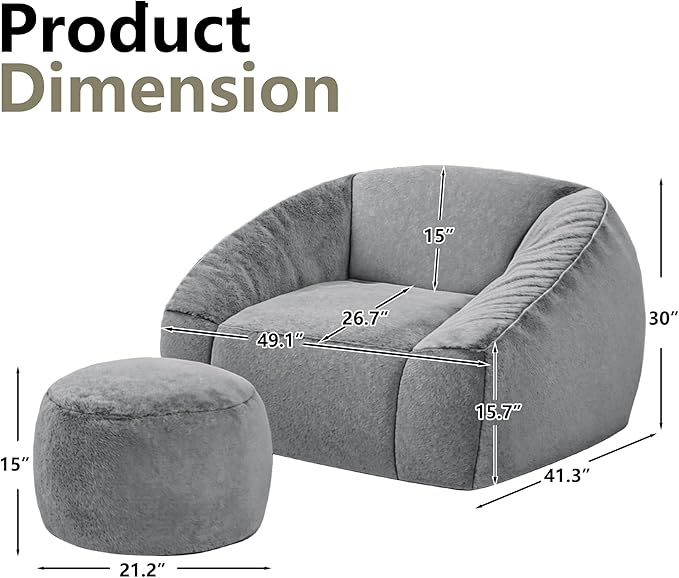 Bean Bag Chairs with Ottoman for Adults, Comfy Beanbag Chair with High-Resilience Foam, Oversized Bean Bag Sofa with Soft Faux Fur Fabric, Bean Bag Chair for Living Room,Bedroom,Dark Grey
