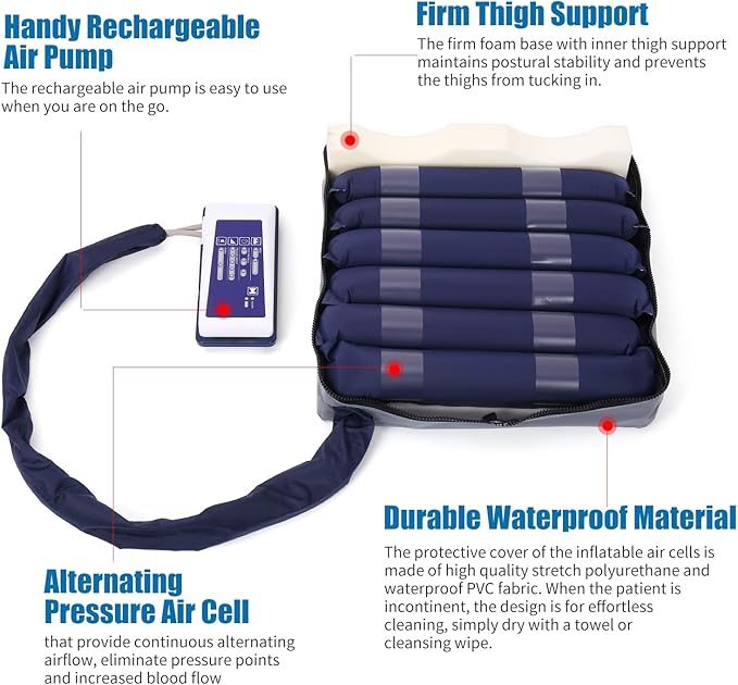 Alternating Pressure Seat Cushion for Wheelchairs with 24 Hour Air Pump Self Inflating Air Cell Cushion Pad for Pressure Relief Ulcer & Bed Sore Prevention Relieve Coccyx Tailbone Pain
