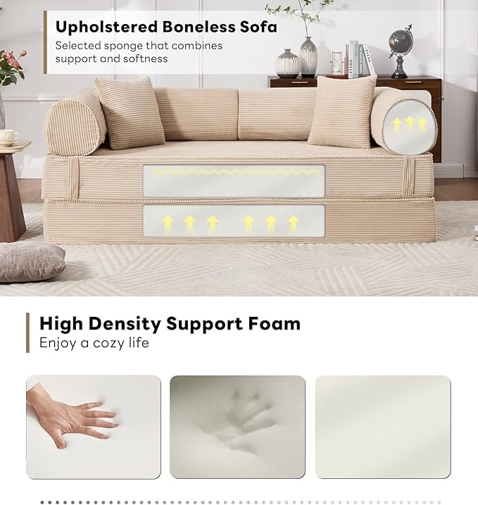 Tbfit 63'' Folding Boneless Couch, Convertible Loveseat Sofa Bed, Corduroy Futon Mattress Sleeper Sofa, Comfy Foldable Upholstered Floor Couches for Living Room, Khaki