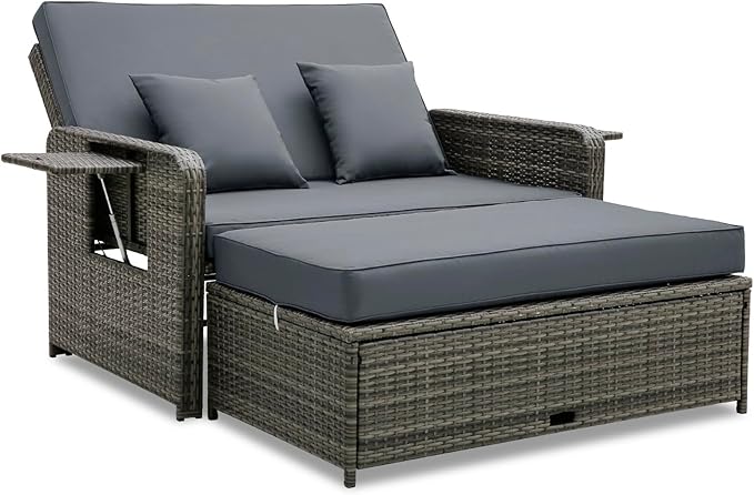 RELAX4LIFE Wicker Patio Outdoor Daybed - Rattan Day Bed Lounger with Loveseat & Storage Ottoman, Sunbed Sofa Set w/Cushions, 4-Level Adjustable Backrest & 2 Retractable Trays, Patio Daybed (Grey)