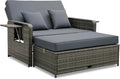 RELAX4LIFE Wicker Patio Outdoor Daybed - Rattan Day Bed Lounger with Loveseat & Storage Ottoman, Sunbed Sofa Set w/Cushions, 4-Level Adjustable Backrest & 2 Retractable Trays, Patio Daybed (Grey)