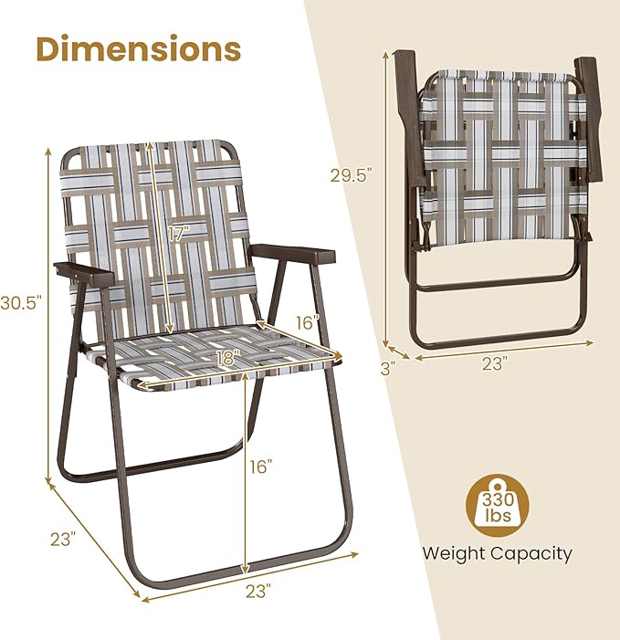 GYMAX Lawn Chair Folding, Webbed Beach Lounge Chairs Set with Highback, Outdoor Portable Lightweight Camping Dinning Chair for Patio, Lawn, Poolside, Sports, Garden, Backyard (2,Coffee)