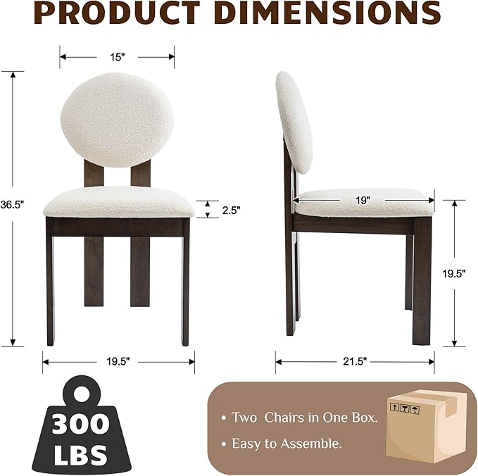 Modern Wood Dining Chairs Set of 6, Farmhouse White Boucle Kitchen Chairs with Round Back and Wooden Walnut Legs, Mid-Century Armless Upholstered Accent Chairs for Dining Room/Living Room/Restaurant