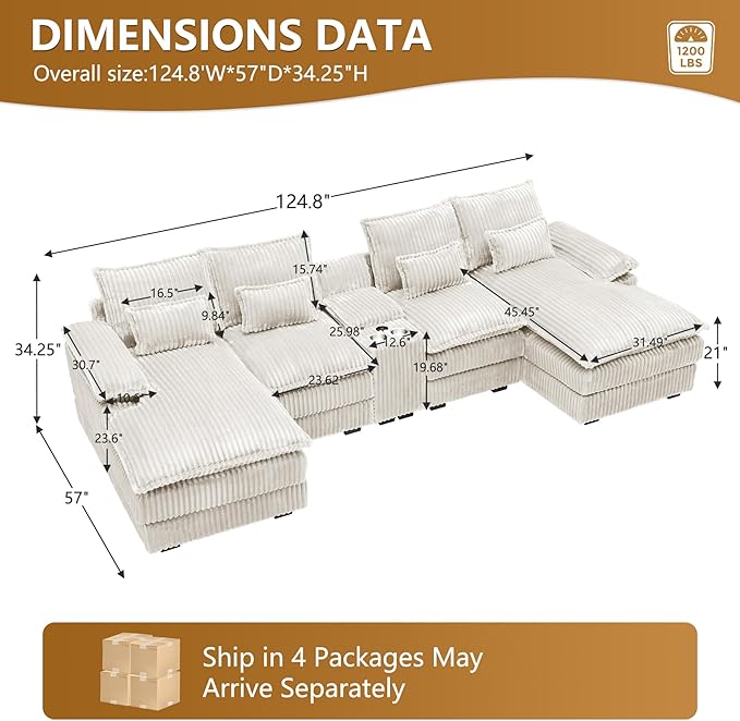 HYJT-H&K 124" U Shaped Cloud Couch Sectional, Comfy Plush Fluffy Corduroy White Sectional Couches for Living Room, Modern Modular Corduroy Couch Sectionals with Central Console & Double Chaise