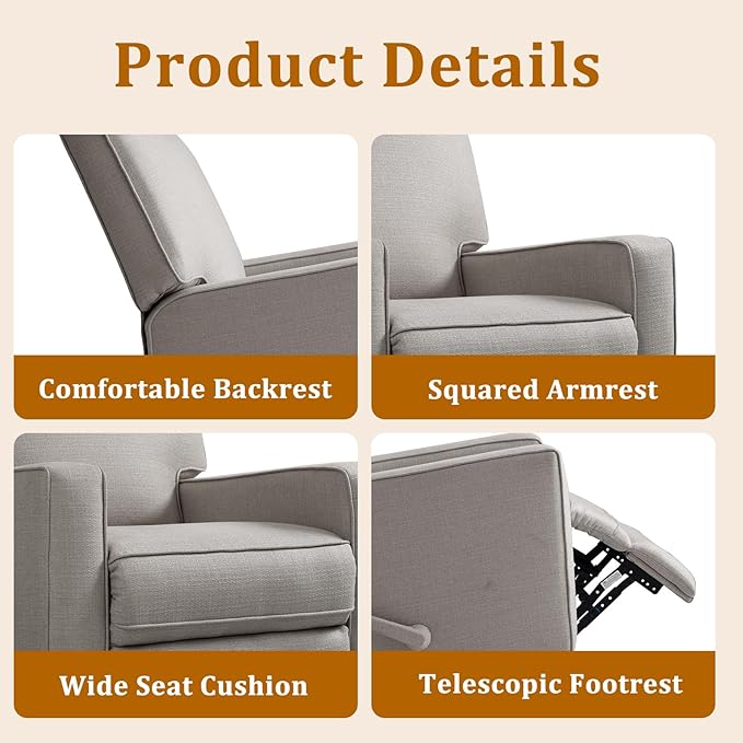 KeyEnergy Swivel Rocker Recliner Chair for Adults, High Back Fabric Recliner with Deep Seat, Manual Glider for Living Room & Nursery, Grey