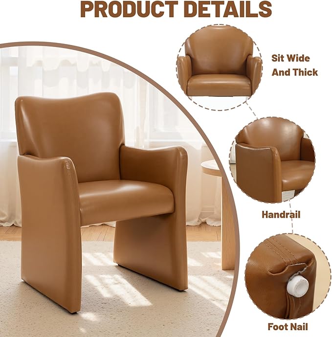 CIMOTA Brown Faux Leather Dining Chairs Set of 4, Upholstered Accent Chairs with Arms/Wood Legs, Comfortable Kitchen Chairs for Living/Reception/Dining Room