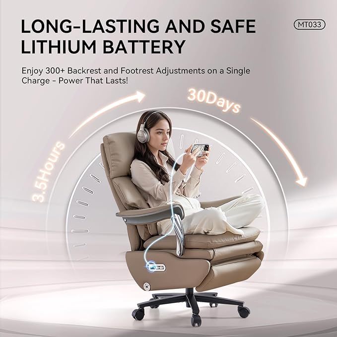 EMIAH Ergonomic Office Chair with Foot Rest Electric Executive Office Chair Reclining with Massage Big and Tall High Back Computer Chair with Wheels, Sustainable Leather (Light Khaki)