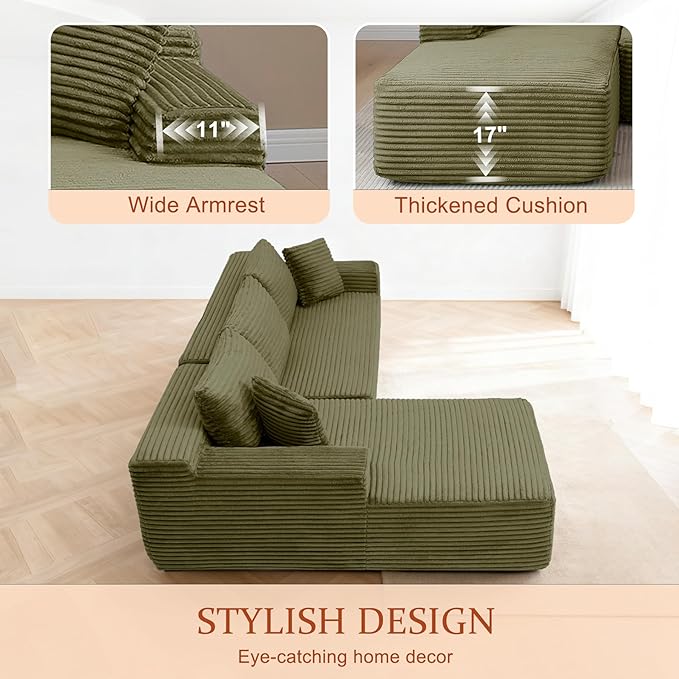 HYJT-H&K Modular Sectional Sofa Cloud Sectional Couch, 95" Comfy Fluffy L Shaped Green Couches for Living Room, Deep Seat Memory Foam Plush Corduroy Boneless Couch Sectionals Left Facing Chaise Sofa