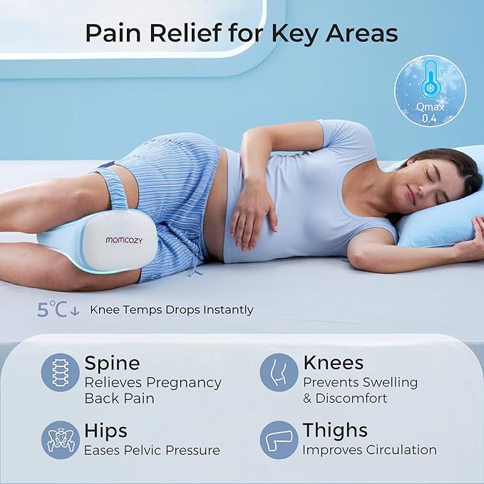 Momcozy Knee Pillow for Side Sleepers with Cooling Cover, Soft Memory Foam Spine Alignment Pregnancy Leg Pillow for Hips, Back, Sciatica Pain, Fixed Strap for Moving, Wider Contact Even Pressure, Blue