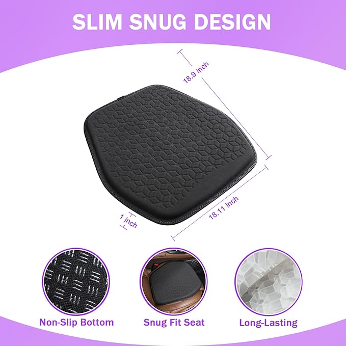 Binsheo Thin Premium Gel Seat Cushion for Car Seat, Office Chair, Wheelchair, Golf Cart - Non-Slip Car Seat Cushions with 0.7 Inch Gel - Sciatica & Coccyx Pain Relief (Suede, Black)