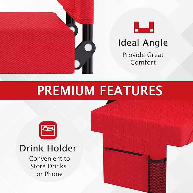 2pcs Stadium Seat for Bleachers with Back Support，Portable Bleacher Chairs with Back and Cushion，Includes Shoulder Strap and Cup Holder