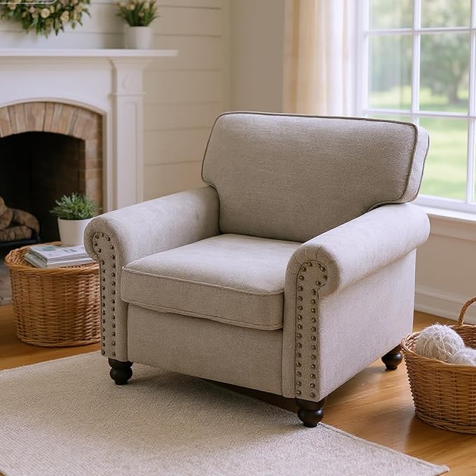 Nailhead Armchair, Rolled Arms Accent Chair for Living Room, Single Sofa Chair with Springs Seat Cushion & Wooden Legs, Mid-Century Armchair for Apartment, Office, Farmhouse, Beige