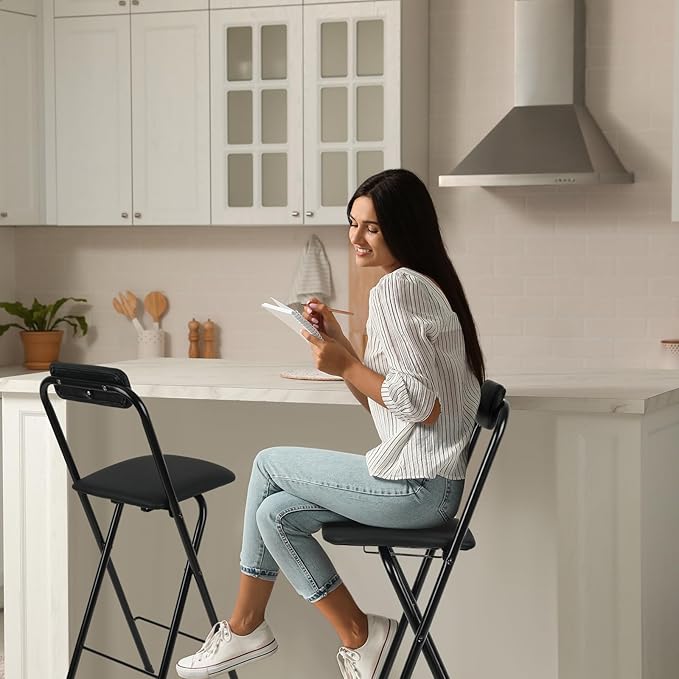 Thyle 1 Pcs Folding Bar Stool with Backrest, Tall Foldable Stool Chair Portable High Folding Bar Chair Counter Height Seat Leather Padded for Kitchen Island Shop Cafe Dining Room Black (25.5 Inch)