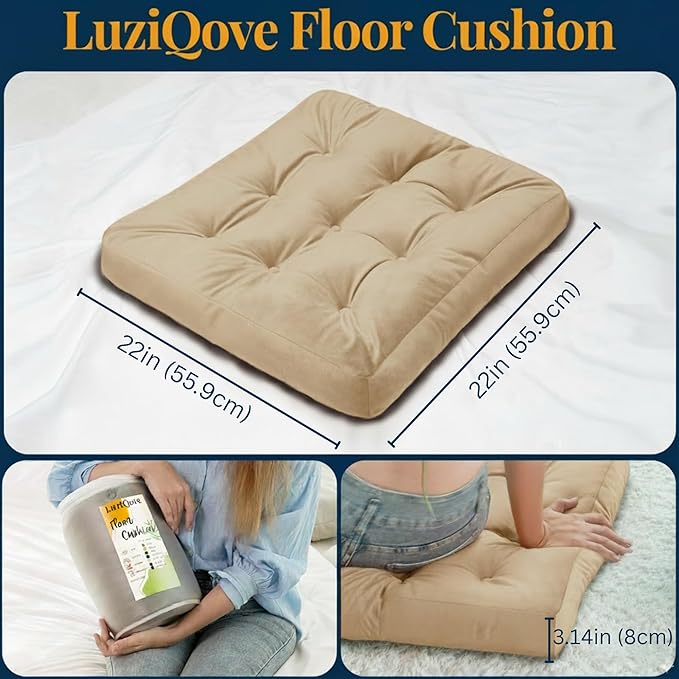 Velvet Floor Pillow Set of 2, Square Large Pillows seating for Adults, Beige Tufted Cushions for Meditation, Yoga, Tatami, Living Room, Chair, Machine-Washable & Dryer-Safe, Beige, 22x22 Inch