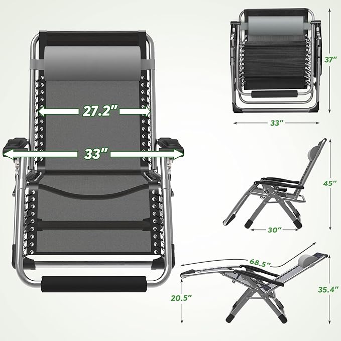 ZENPETIO Oversized Zero Gravity Chair, 33In XXL Zero Gravity Recliner Lounge Chair, Anti Gravity Chair for Indoor and Outdoor, Reclining Camping Chair for Lawn and Patio w/Cushion and Footrest, 500LBS
