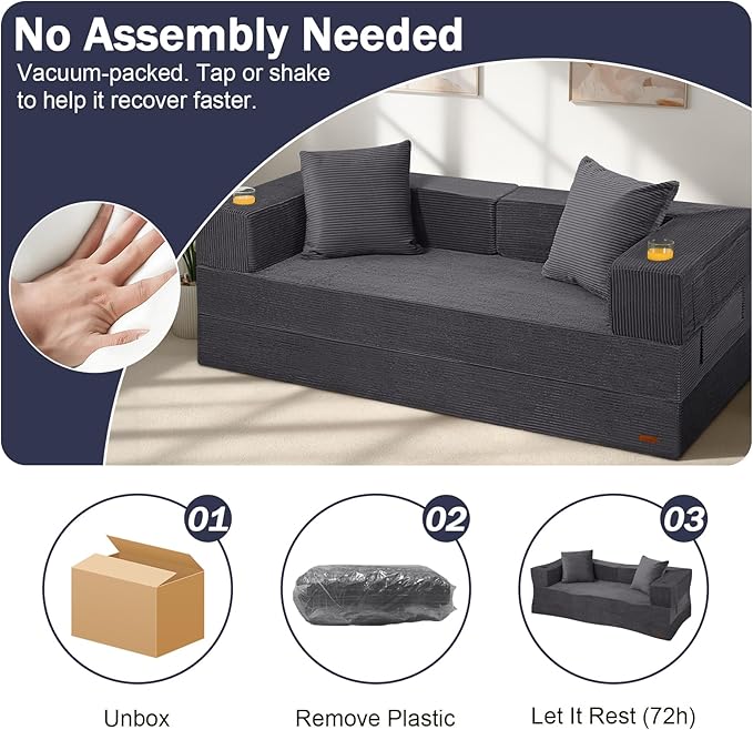 COMAX Futon Sofa Bed Queen, 79" Convertible Sofa Bed Couches for Living Room, 4 in 1 Folding Boneless Sleeper Corduroy Couch Loveseat Foam in a Box, Foldable Comfy Lounge Fold Out Floor Mattress Grey