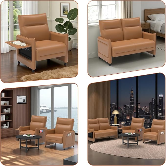 3-Piece Living Room Sofa Set, Faux Leather Loveseat & Accent Chairs Set of 2 with Hidden Foldable Tray & Side Pocket, Front Contour Arm Design, Upholstered Sofa Set for Office, Brown