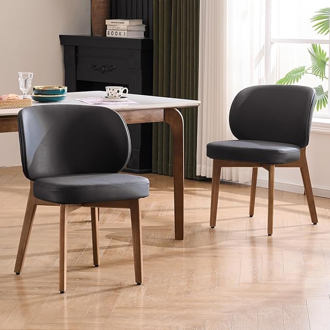 YOUNUOKE Upholstered Dining Chair, Modern PU Leather Dining Room Chair with Wood Legs, Widen Backrest Comfy Armless Side Kitchen Chairs, Black (Single Pack)