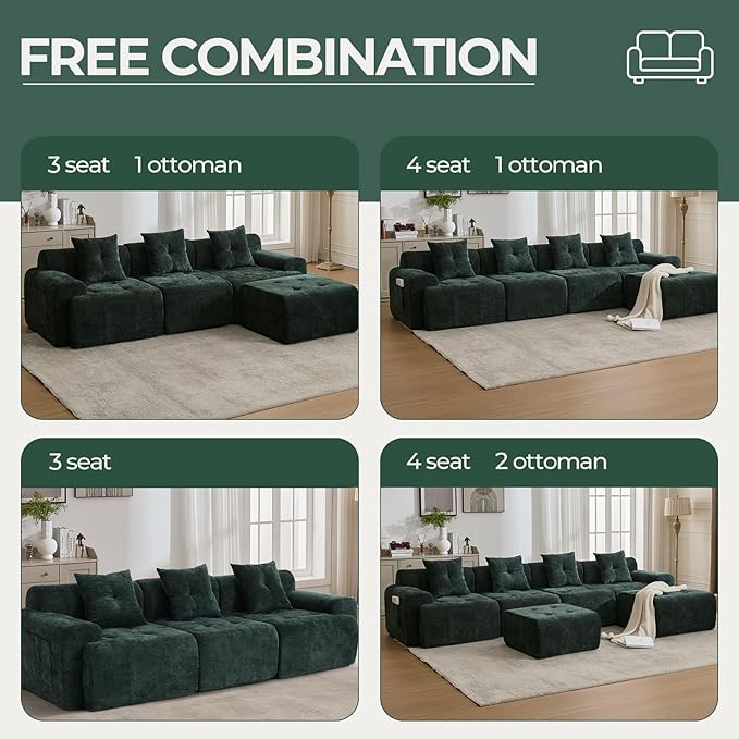 YAAREE 101.65” Modular Sectional Couch for Living Room, Modren L-Shape Cloud Sectional 3-Seater Sofa with Movable Ottoman, Woven Texture Upholstery Boneless Couch, No Assembly, Green