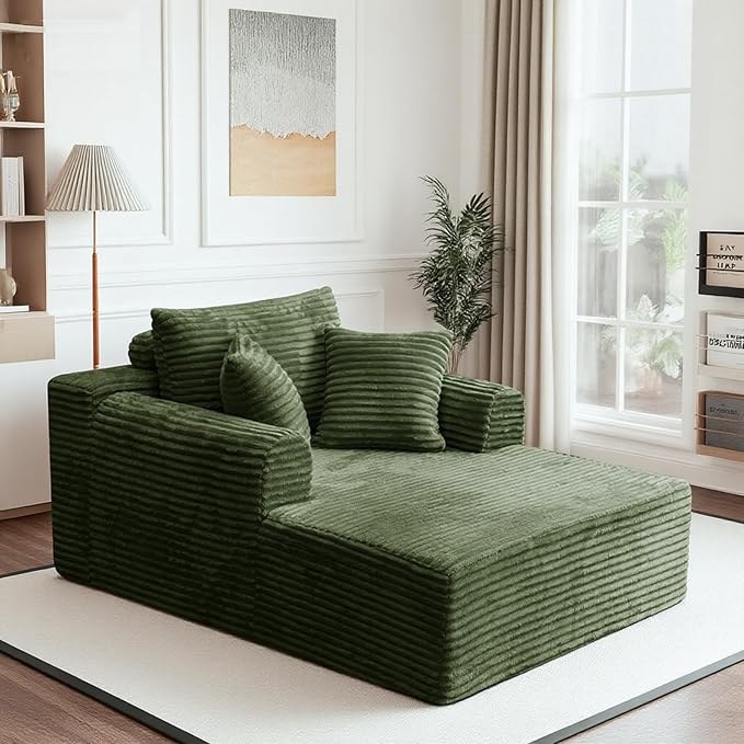 Oversized Chaise Lounge Chair Indoor, Upholstered Single 61'' Round Arm Boneless Cloud Sofa Bed Sleeper Couch, No Assembly Faux Rabbit Fur Memory Foam Reading Chair for Living Room Bedroom Green