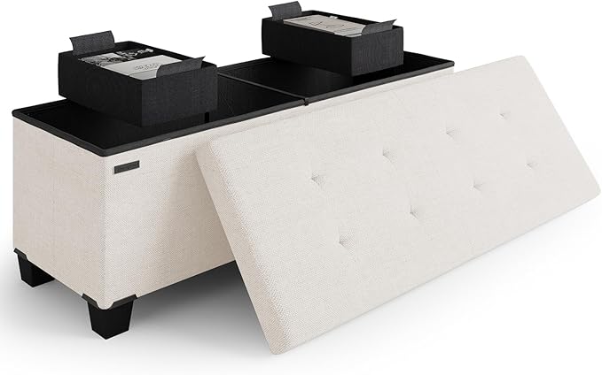 Storage Ottoman Bench with Bins, 43-in Storage Bench for Bedroom End of Bed, Folding Foot Rest Ottoman for Living Room Max 660lbs, Fabric Ottomans, Cream