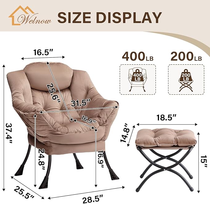 Welnow Lazy Chair with Ottoman, Modern Lounge Accent Chair with Armrests and a Side Pocket, Leisure Sofa Chair Set, Reading Chair with Footrest for Small Space, Corner Chair, Dark Brown