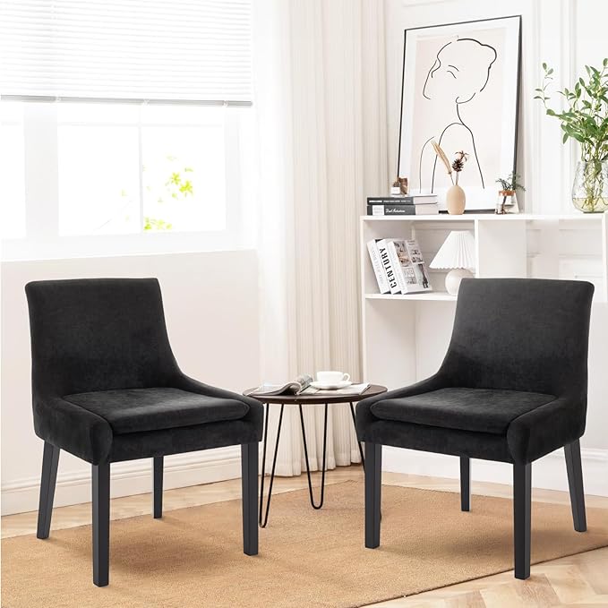 Modern Dining Chairs Set of 6, Upholstered Corduroy Dining Room Chairs with Wood Legs, Mid-Back Padded Kitchen Side Chairs for Dining Room, Black