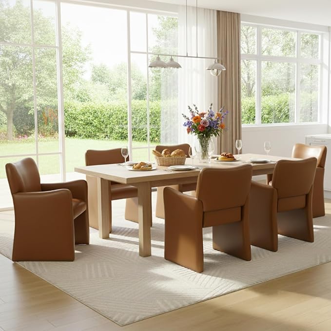 CIMOTA Brown Faux Leather Dining Chairs Set of 6, Upholstered Accent Chairs with Arms/Wood Legs, Comfortable Kitchen Chairs for Living/Reception/Dining Room