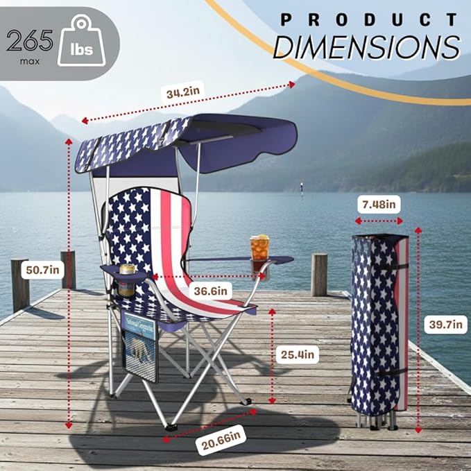 CozyBox Portable Folding Camping Chairs with Canopy Shade, Beach Chair for Adults, Durable Weather Resistant 600D Oxford Cloth, Camping Chair with Canopy for Outdoors [Flag]