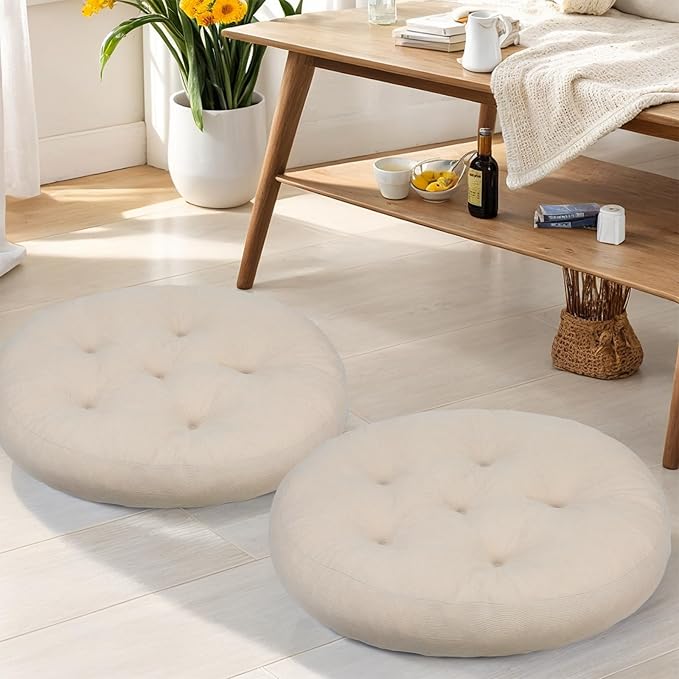 Meditation Floor Pillow Set of 2, Round Large Pillows Seating for Adults, Tufted Corduroy Cushion for Tatami Living Room, 22x22 Inch FP-Beige-R