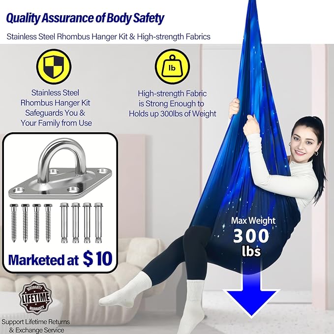 Sensory Swing for Kids Holds up to 300lbs Indoor & Outdoor Therapy Cuddle Swing with Hammock Hooks Hanger Kit for Calming, Effect for Autism, ADHD or SPD. (Space Blue)