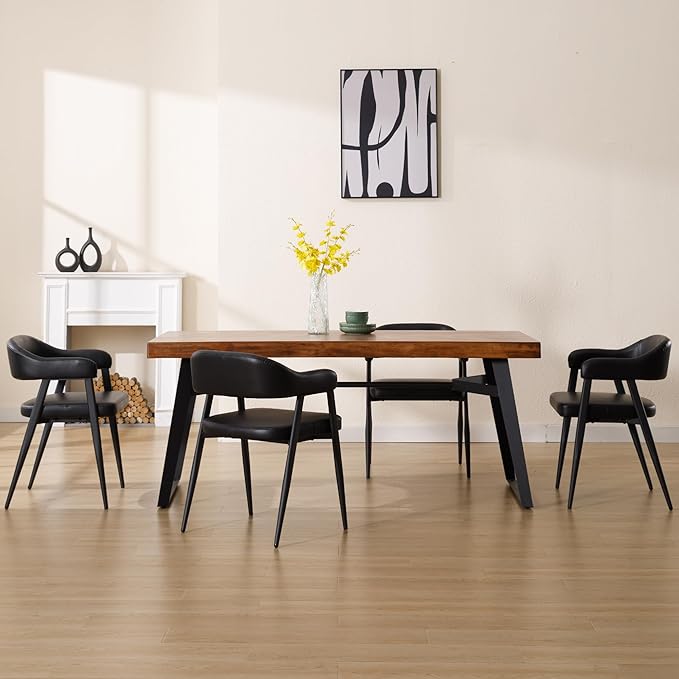 Wahson Black Leather Dining Chairs Set of 4 with Black Metal Legs, Mid Century Modern Kitchen Chairs with Curved Backrest, Accent Low Back Armset Chairs for Dining Room/Kitchen/Bar