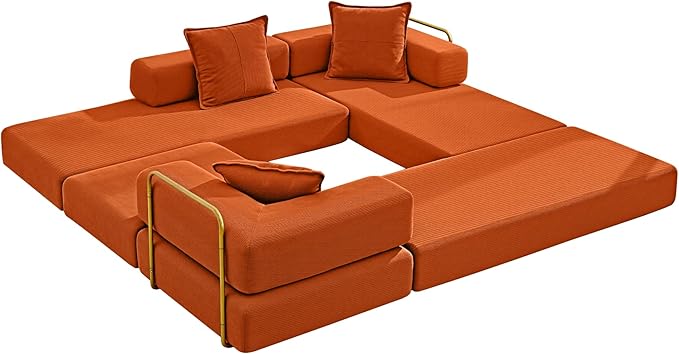 108" Convertible Sleeper Sofa Bed, Corduroy Folding Sofa Bed with Fixed-Shape Frame, Fold Out Floor Mattress Couch, Lazy Compression Sofas for Living Room, Bedroom, No Assembly Required,Orange