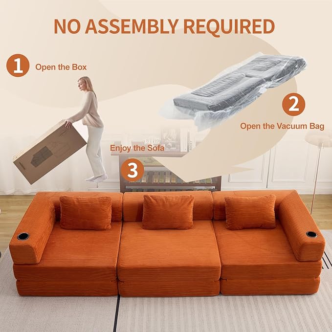 118" Oversized Convertible Floor Sofa Bed, Boneless Foldable Mattress Cloud Couch with Pillow Back & Armrest, Fold Out Floor Couch with Cup Holder for Living Room Bedroom Lounge, Corduroy, Orange