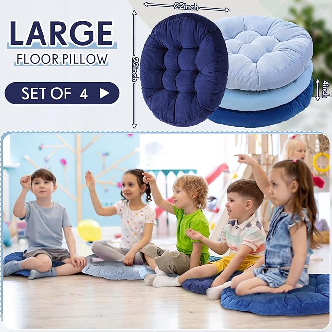 Jerify 4 Pcs Floor Pillow Cushions 22 x 22 Inch Round Square Large Meditation Floor Pillow for Classroom Adult Meditation Picnic Party Seating Learning Daycare School (Round,Dirty Blue)