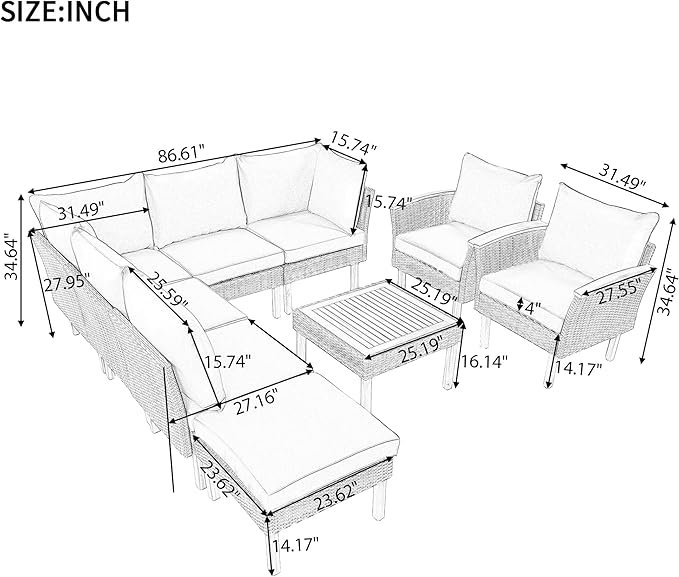 Merax Outdoor Patio Furniture Sets, Free Combination Rattan Sofa with Wood Tabletop, 9-Piece, Beige