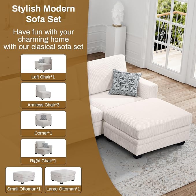 Legend Vansen Oversized Modular Sectional Sofa,8 Seat U Shaped Couch with Ottoman,Corduroy Sofa with Deep Seat,Convertible Large Sectional Couches for Living Room(Cream, U-8)