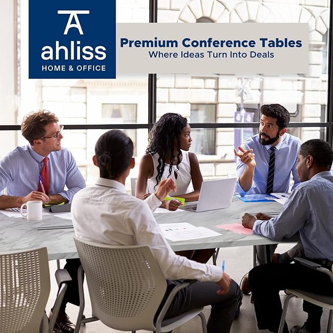 ahliss Sturdy Conference Table with Cable Management Grommets Modern Rectangle Office Meeting Table with Wood Tabletop and Metal Frame & Legs- Easy Assembly Boardroom Table (White Marble, 10 Foot)