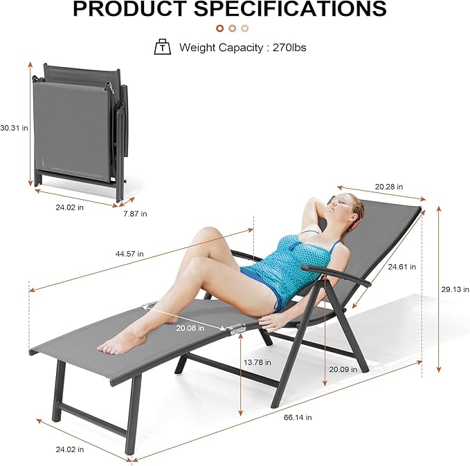 Crestlive Products Chaise Lounge Chair Outdoor Set of 2, Aluminum Folding Patio Recliner Chair, Adjustable 8 Positions Assemble-Free Perfect for Beach, Yard, Pool, Deck