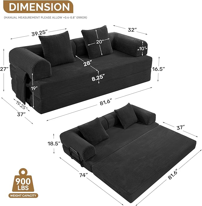 Convertible Corduroy Sleeper Sofa Bed with Cylindrical Pillow, Folding Mattress Couch with Fixed-Shape Frame, Floor Sofa Lounge Couch for Living Room Bedroom Lounge Studio, Black