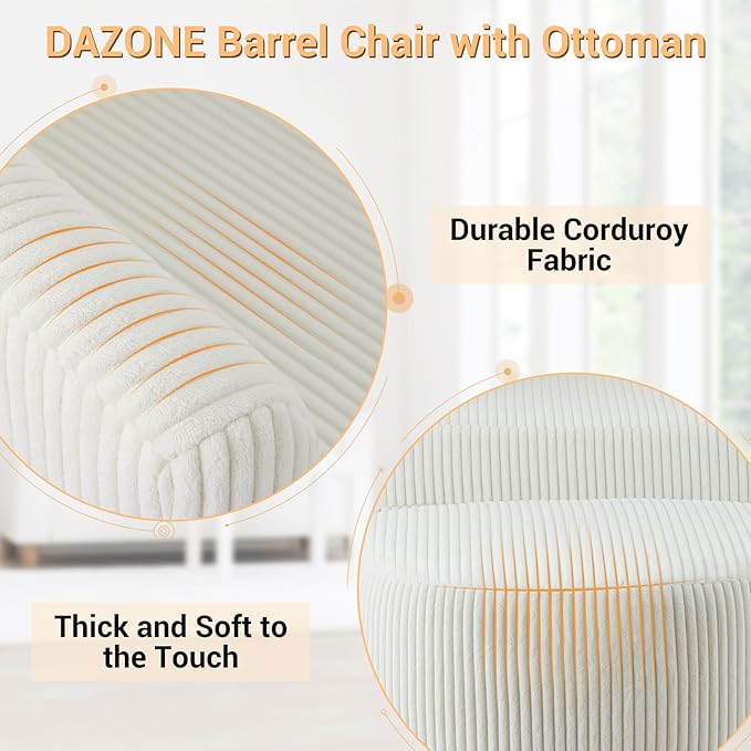 DAZONE Accent Chair, Barrel Chair with Ottoman Comfy Armchair Corduroy Living Room Chairs Mid Century Modern Chair Upholstered Club Tub Sofa Chair for Bedroom Reading Room Ivory