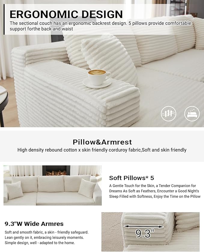 Vanress Cloud Couch Sectional, Corduroy Boneless Couch with L-Shape Chaise, Modern Modular Sectional Sofa Comfy Deep Seat for Living Room, Bedroom, No Assembly (White, Right Facing Chaise)