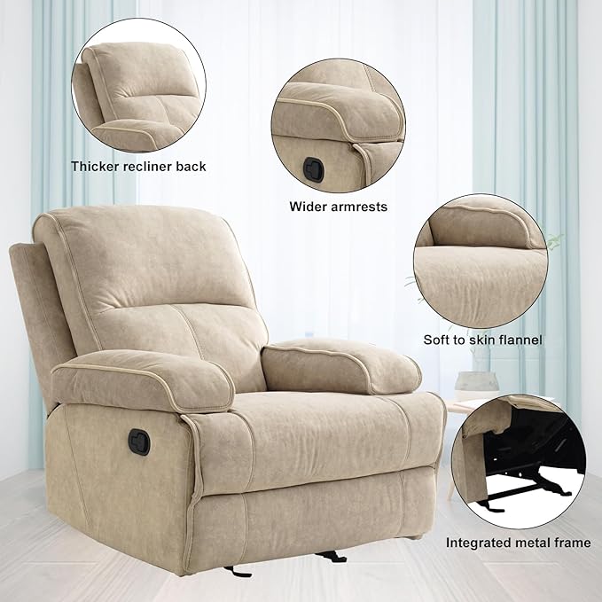 KeyEnergy Manual Rocker Recliner Chair for Adults, High Back Glider with Deep Seat, Upholstered Fabric Armchair for Living Room & Nursery, Flaxen
