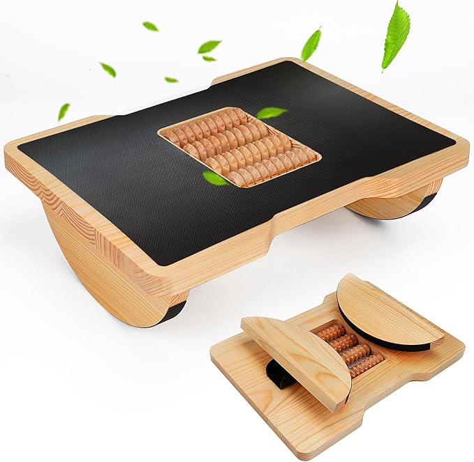 Wood Foot Rest for Under Desk at Work, Ergonomic Foldable Footrest with Roller Massager for Enhanced Circulation & Comfort, Standing Desk Rocker Balance Board for Office & Home