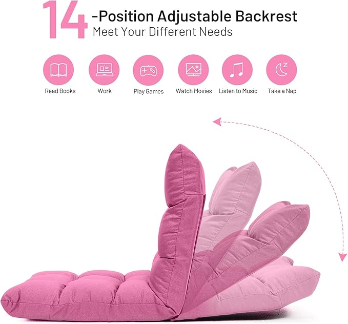 Giantex Floor Sofa Chair Video Gaming Chair with 14 Adjustable Position, Padded Back Support Floor Cushioned Seat, Folding Lazy Chair for Meditation, Reading, Watching, Living Room Recliner(Pink)